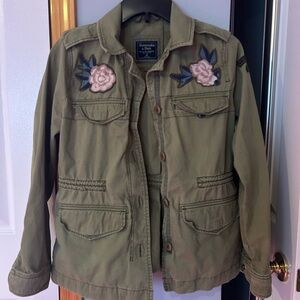 Abercrombie & Fitch Olive Green Jean Jacket with Floral Embroidery